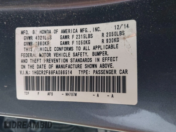2015 Honda Accord EX-L с VIN 1HGCR2F88FA086514, выставлен на аукционе IAAI как лот 41903639 с пробегом 117 706 миль миль и . История ставок и продаж доступна на DreamBid. Изображение 9.