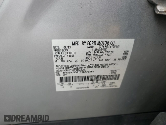 2014 Ford Explorer with VIN 1FM5K8B81EGA76564, listed as a Copart auction lot 58353655 with 161,664 mi miles and Salvage title. Bid and sale history available at DreamBid. Image 13.