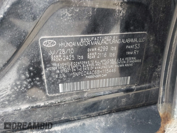 2011 Hyundai Sonata Limited with VIN 5NPEC4AC6BH115446, listed as a IAAI auction lot 42153028 with 159,419 mi miles and . Bid and sale history available at DreamBid. Image 9.