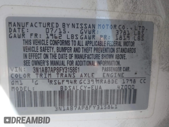2015 Nissan Sentra S with VIN 3N1AB7AP8FY315861, listed as a IAAI auction lot 41862443 with 157,842 mi miles and . Bid and sale history available at DreamBid. Image 9.