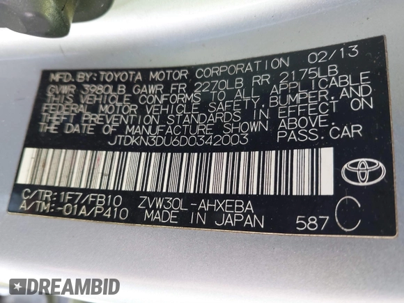 2013 Toyota Prius One with VIN JTDKN3DU6D0342003, listed as a IAAI auction lot 41819217 with 181,595 mi miles. Bid and sale history available at carsss.com. Image 9.
