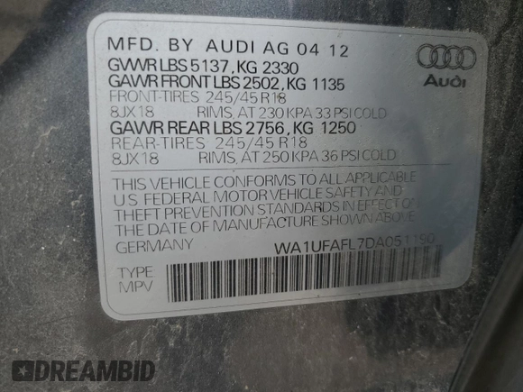 2013 Audi allroad A4 Premium Plus z VIN WA1UFAFL7DA051190, wystawiony jako Copart lot #60477465 z przebiegiem 31 893 mil mil oraz Szkoda całkowita • Salvage title. Historia ofert i sprzedaży dostępna na DreamBid. Obrazek 13.