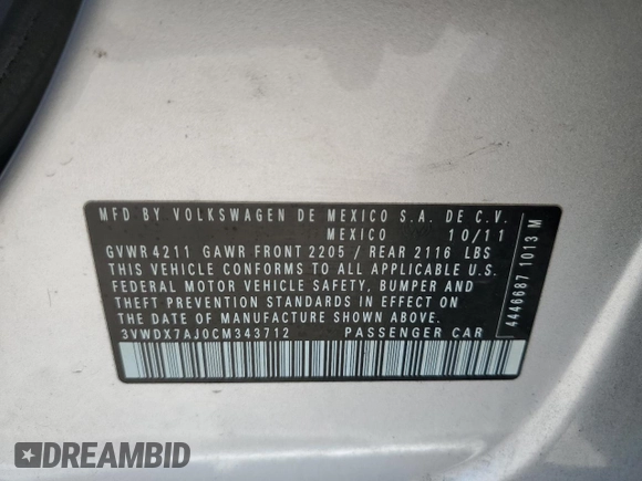 2012 Volkswagen Jetta SE с VIN 3VWDX7AJ0CM343712, выставлен на аукционе Copart как лот 57936395 с пробегом 144 698 миль миль и Списание • Salvage title. История ставок и продаж доступна на DreamBid. Изображение 12.