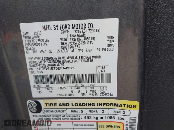 2014 Ford F-150 XL with VIN 1FTFW1ET0EFA49589, listed as a IAAI auction lot 41792225 with Not provided miles and . Bid and sale history available at DreamBid. Image 9.