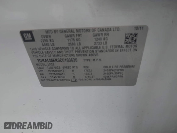 2012 GMC Terrain SLE-1 with VIN 2GKALMEK6C6183630, listed as a IAAI auction lot 42397335 with 147,135 mi miles and . Bid and sale history available at DreamBid. Image 9.