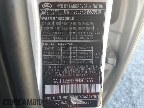 2011 Land Rover LR2 HSE with VIN SALFT2BNXBH264765, listed as a Copart auction lot 77711214 with 179,581 mi miles and Salvage Title. Bid and sale history available at DreamBid. Image 13.