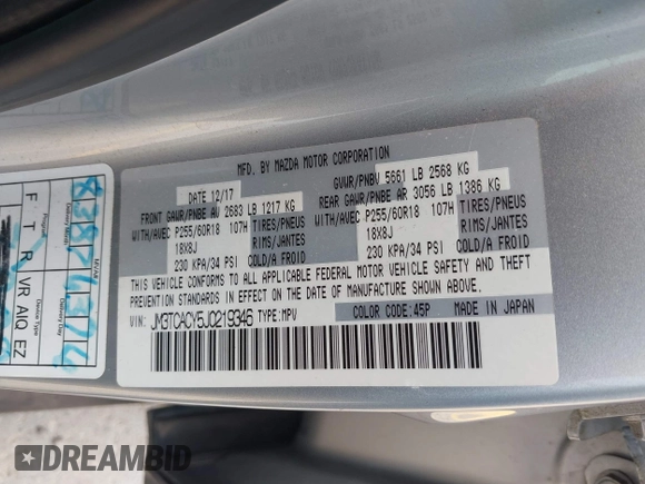 2018 Mazda CX-9 Touring with VIN JM3TCACY5J0219346, listed as a IAAI auction lot 42269310 with 93,989 mi miles and . Bid and sale history available at DreamBid. Image 9.