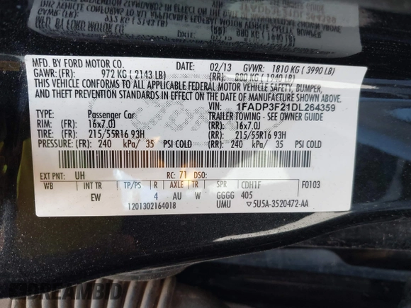 2013 Ford Focus SE with VIN 1FADP3F21DL264359, listed as a IAAI auction lot 42562576 with 167,624 mi miles and . Bid and sale history available at DreamBid. Image 9.