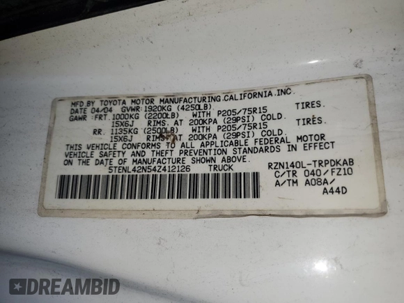 2004 Toyota Tacoma with VIN 5TENL42N54Z412126, listed as a Copart auction lot 59111655 with 252,441 mi miles and Salvage title. Bid and sale history available at DreamBid. Image 12.