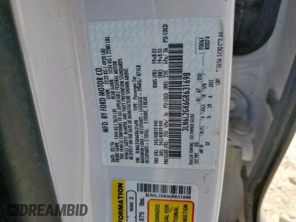 2016 Lincoln MKZ with VIN 3LN6L2GK6GR631698, listed as a Copart auction lot 56938125 with 75,914 mi miles and Clean title. Bid and sale history available at DreamBid. Image 13.