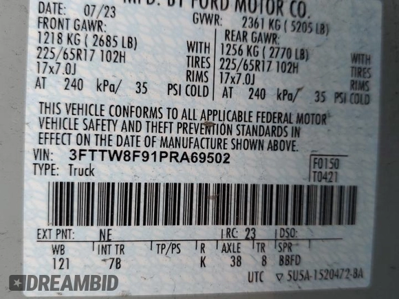 2023 Ford Maverick XL with VIN 3FTTW8F91PRA69502, listed as a Copart auction lot 52983535 with 18,729 mi miles and Salvage Title. Bid and sale history available at DreamBid. Image 13.