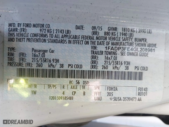2016 Ford Focus SE with VIN 1FADP3FE4GL208981, listed as a IAAI auction lot 41699896 with 155,387 mi miles. Bid and sale history available at carsss.com. Image 9.