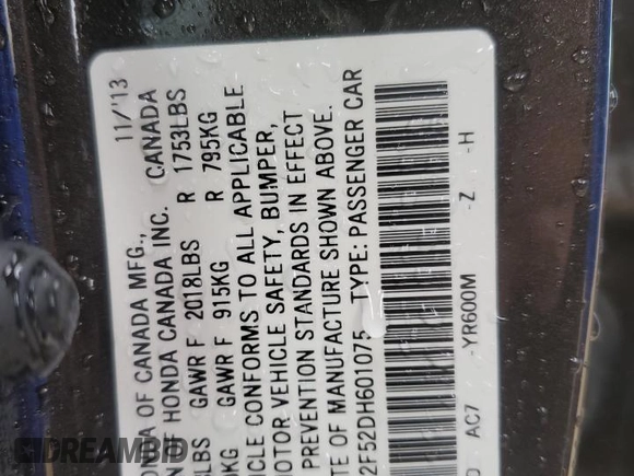 2013 Honda Civic LX z VIN 2HGFB2F52DH601075, wystawiony jako Copart lot #58512845 z przebiegiem Nie podano mil oraz Szkoda całkowita • Salvage title. Historia ofert i sprzedaży dostępna na DreamBid. Obrazek 12.