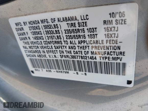 2007 Honda Odyssey EX-L with VIN 5FNRL38677B021464, listed as a IAAI auction lot 41568582 with 131,359 mi miles and . Bid and sale history available at DreamBid. Image 9.