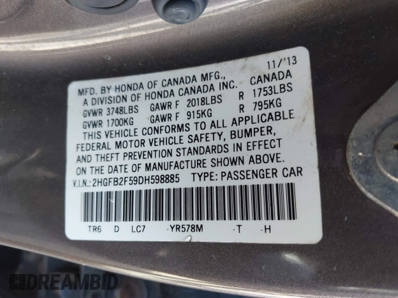 2013 Honda Civic LX with VIN 2HGFB2F59DH598885, listed as a IAAI auction lot 41734451 with 124,453 mi miles and . Bid and sale history available at DreamBid. Image 9.