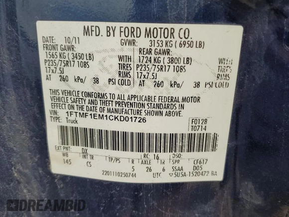 2012 Ford F-150 XL with VIN 1FTMF1EM1CKD01726, listed as a Copart auction lot 69432494 with 173,084 mi miles and Clean title. Bid and sale history available at DreamBid. Image 12.