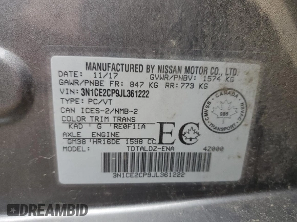 2018 Nissan Note SV with VIN 3N1CE2CP9JL361222, listed as a Copart auction lot 55271605 with Not provided miles and Salvage title. Bid and sale history available at DreamBid. Image 13.