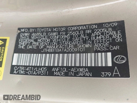 2010 Lexus HS 250h with VIN JTHBB1BA1A2009101, listed as a IAAI auction lot 42204254 with 317,679 mi miles and . Bid and sale history available at carsss.com. Image 9.