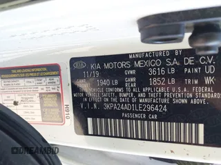 2020 Kia Rio LX with VIN 3KPA24AD1LE296424, listed as a IAAI auction lot 41992256 with Not Provided miles and . Bid and sale history available at DreamBid. Image 9.