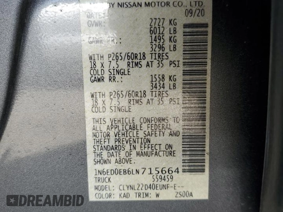2020 Nissan Frontier Pro-4X with VIN 1N6ED0EB6LN715664, listed as a Copart auction lot 57918995 with 34,345 mi miles and Salvage title. Bid and sale history available at DreamBid. Image 12.
