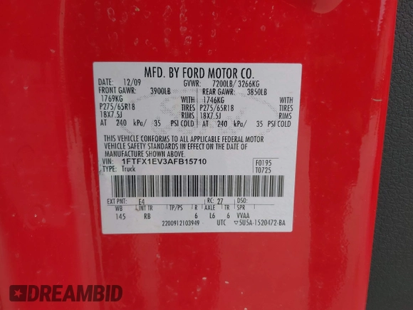 2010 Ford F-150 XL with VIN 1FTFX1EV3AFB15710, listed as a IAAI auction lot 41588363 with 178,529 mi miles and . Bid and sale history available at DreamBid. Image 9.