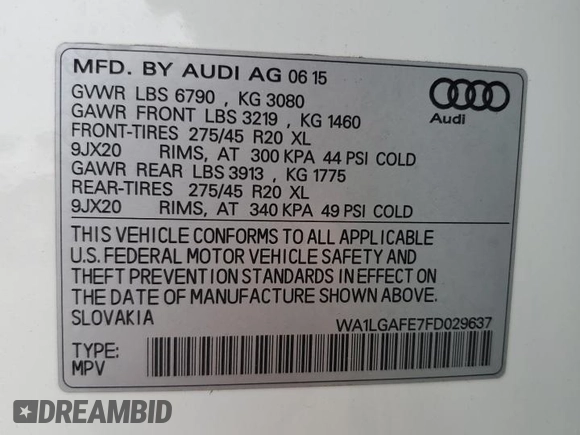 2015 Audi Q7 Premium Plus with VIN WA1LGAFE7FD029637, listed as a Copart auction lot 56596535 with 131,381 mi miles and Salvage Title. Bid and sale history available at DreamBid. Image 13.