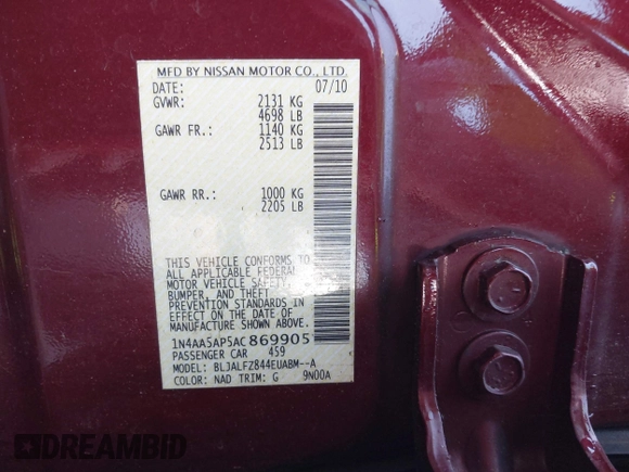 2010 Nissan Maxima SV with VIN 1N4AA5AP5AC869905, listed as a IAAI auction lot 42575918 with 111,181 mi miles and . Bid and sale history available at DreamBid. Image 9.