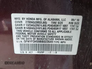 2011 Honda Pilot EX-L z VIN 5FNYF3H59BB022649, wystawiony jako IAAI lot #42374785 z przebiegiem 194 431 mil mil oraz . Historia ofert i sprzedaży dostępna na DreamBid. Obrazek 9.