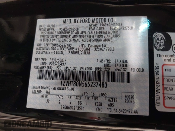 2006 Ford Mustang Standard with VIN 1ZVHT80N565237483, listed as a IAAI auction lot 42212367 with 132,005 mi miles and . Bid and sale history available at carsss.com. Image 9.