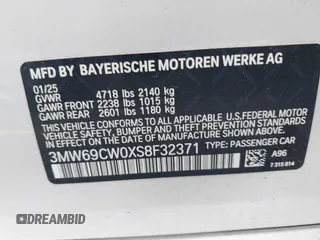 2025 BMW 3 Series 330i with VIN 3MW69CW0XS8F32371, listed as a IAAI auction lot 42630553 with 11,417 mi miles and . Bid and sale history available at DreamBid. Image 9.