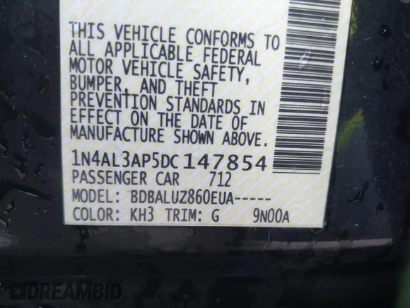 2013 Nissan Altima SV with VIN 1N4AL3AP5DC147854, listed as a IAAI auction lot 42464370 with 122,522 mi miles and . Bid and sale history available at DreamBid. Image 9.
