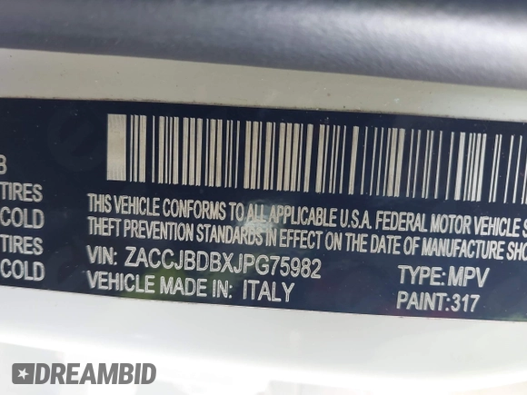 2018 Jeep Renegade Limited with VIN ZACCJBDBXJPG75982, listed as a IAAI auction lot 41917346 with 57,465 mi miles and . Bid and sale history available at DreamBid. Image 9.