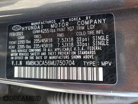 2021 Hyundai Kona Limited with VIN KM8K3CA56MU750704, listed as a Copart auction lot 48779163 with 32,834 mi miles and . Bid and sale history available at DreamBid. Image 13.