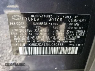 2022 Hyundai Santa Fe Hybrid Blue with VIN KM8S2DA12NU039833, listed as a Copart auction lot 75551724 with 27,750 mi miles and Salvage Title. Bid and sale history available at carsss.com. Image 13.