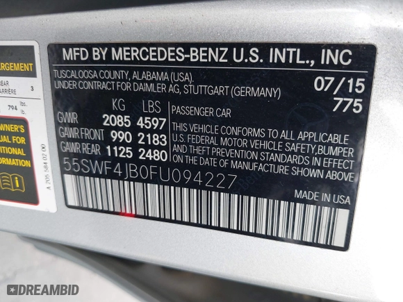 2015 Mercedes-Benz C-Class C 300 with VIN 55SWF4JB0FU094227, listed as a IAAI auction lot 41043240 with 99,337 mi miles. Bid and sale history available at carsss.com. Image 9.