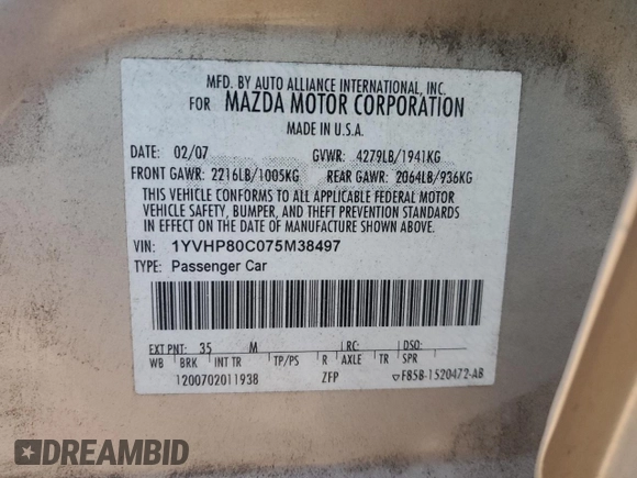 2007 Mazda 6 i Touring with VIN 1YVHP80C075M38497, listed as a Copart auction lot 42969575 with 234,505 mi miles and Salvage Title. Bid and sale history available at DreamBid. Image 12.