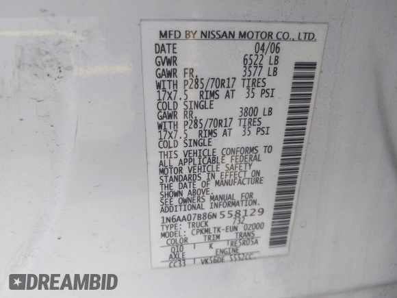 2006 Nissan Titan LE z VIN 1N6AA07B86N558129, wystawiony jako IAAI lot #42290349 z przebiegiem 177 739 mil mil oraz . Historia ofert i sprzedaży dostępna na DreamBid. Obrazek 9.