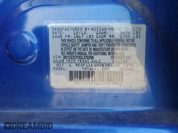 2016 Nissan Note S with VIN 3N1CE2CP3GL375299, listed as a Copart auction lot 52832015 with 82,966 mi miles and Salvage Title. Bid and sale history available at DreamBid. Image 12.