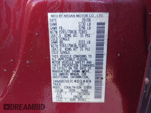 2007 Nissan Frontier SE with VIN 1N6AD07U17C401449, listed as a IAAI auction lot 41585857 with 159,293 mi miles and . Bid and sale history available at DreamBid. Image 9.