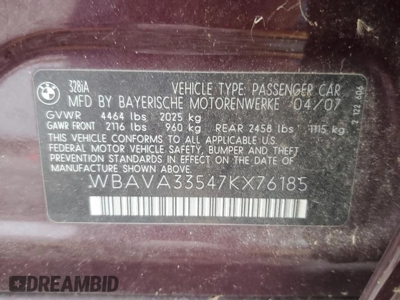 2007 BMW 3 Series 328i z VIN WBAVA33547KX76185, wystawiony jako Copart lot #57923175 z przebiegiem 177 710 mil mil oraz Czysty tytuł • Clean title. Historia ofert i sprzedaży dostępna na DreamBid. Obrazek 12.
