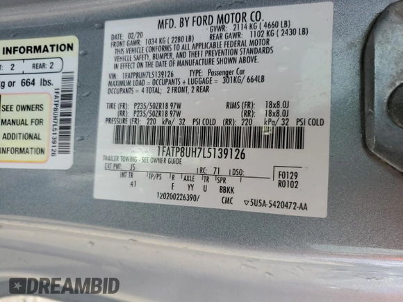 2020 Ford Mustang EcoBoost with VIN 1FATP8UH7L5139126, listed as a Copart auction lot 56732165 with 76,522 mi miles and Salvage title. Bid and sale history available at DreamBid. Image 12.