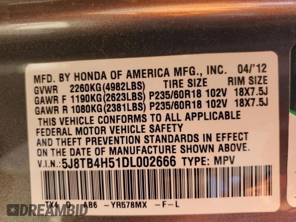 2013 Acura RDX Technology with VIN 5J8TB4H51DL002666, listed as a Copart auction lot 56674315 with 180,586 mi miles and Salvage title. Bid and sale history available at DreamBid. Image 12.