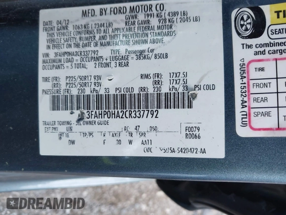2012 Ford Fusion SE with VIN 3FAHP0HA2CR337792, listed as a IAAI auction lot 42740967 with 120,666 mi miles and . Bid and sale history available at DreamBid. Image 9.