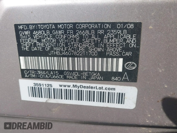 2008 Lexus ES 330 z VIN JTHBJ46G782211700, wystawiony jako IAAI lot #41900087 z przebiegiem 227 085 mil mil oraz . Historia ofert i sprzedaży dostępna na DreamBid. Obrazek 9.