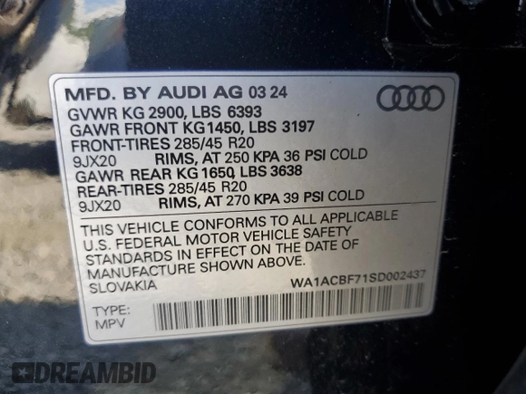 2025 Audi Q7 Premium with VIN WA1ACBF71SD002437, listed as a Copart auction lot 73171104 with 5,934 mi miles and Salvage title. Bid and sale history available at DreamBid. Image 14.