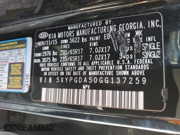 2016 Kia Sorento LX with VIN 5XYPGDA50GG137259, listed as a Copart auction lot 51826815 with Not Provided miles and Clean Title. Bid and sale history available at DreamBid. Image 13.