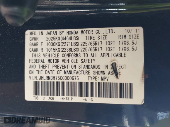2012 Honda CR-V EX-L with VIN JHLRM3H75CC000676, listed as a IAAI auction lot 40851787 with 162,855 mi miles. Bid and sale history available at carsss.com. Image 9.