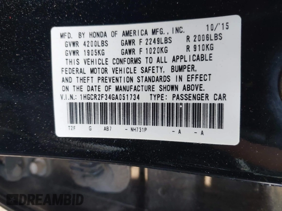 2016 Honda Accord Sedan LX with VIN 1HGCR2F34GA051734, listed as a IAAI auction lot 42126388 with 75,805 mi miles. Bid and sale history available at carsss.com. Image 9.