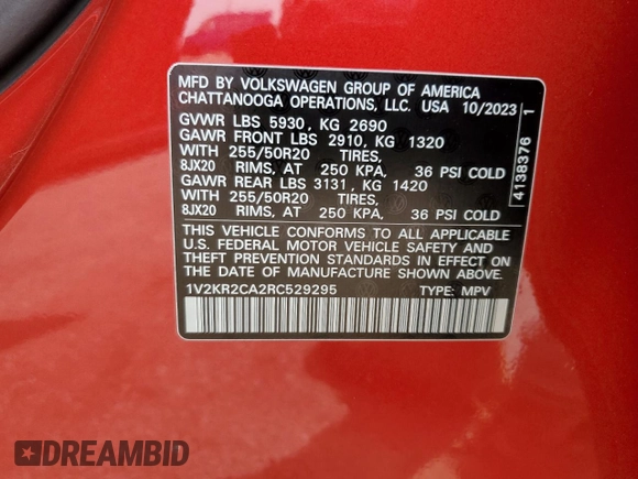 2024 Volkswagen Atlas SE z VIN 1V2KR2CA2RC529295, wystawiony jako Copart lot #54307975 z przebiegiem 14 320 mil mil oraz Szkoda całkowita • Salvage title. Historia ofert i sprzedaży dostępna na DreamBid. Obrazek 13.