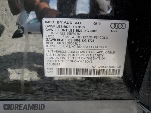 2019 Audi e-tron Premium Plus z VIN WA1LABGE1KB021741, wystawiony jako Copart lot #54774875 z przebiegiem 80 489 mil mil oraz Szkoda całkowita • Salvage title. Historia ofert i sprzedaży dostępna na DreamBid. Obrazek 13.